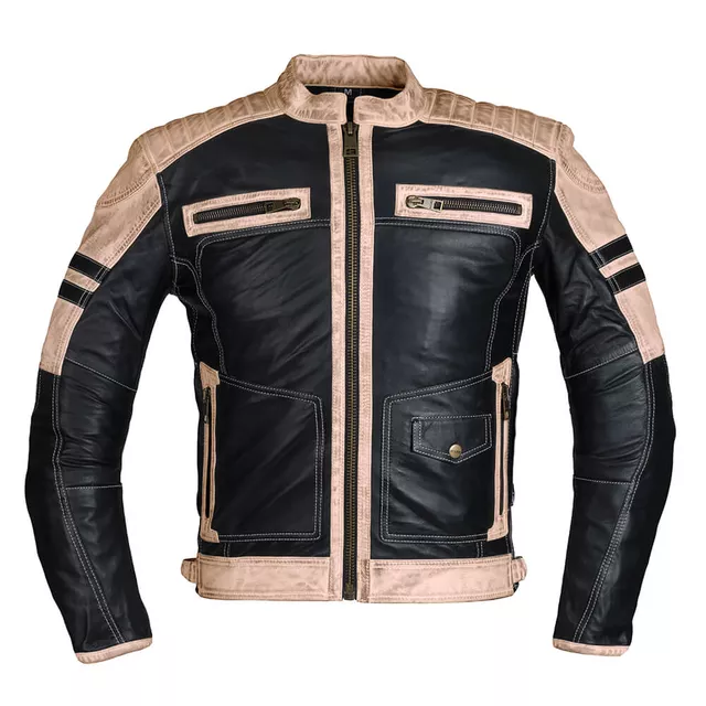 W-TEC Esbiker Herren Lederjacke - schwarz mit beigen Streifen