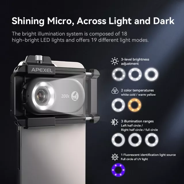 Apexel 200x Smartphone-Mikroskopobjektiv mit LED- und UV-Licht