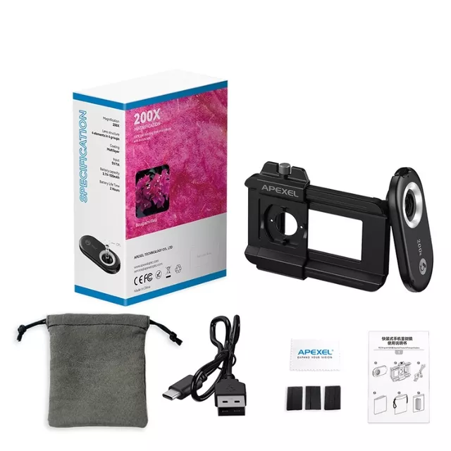 Apexel 200x Smartphone-Mikroskopobjektiv mit LED- und UV-Licht