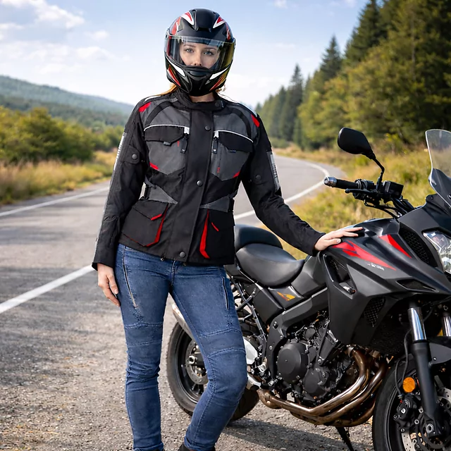 W-TEC Radana Damen-Motorradjacke - schwarz-grau-rot