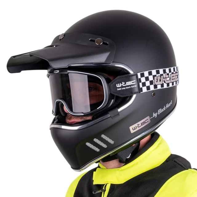 W-TEC Black Heart Retron Motorradhelm mit Chesster Goggles - Einfaches Schwarz - Einfaches Schwarz