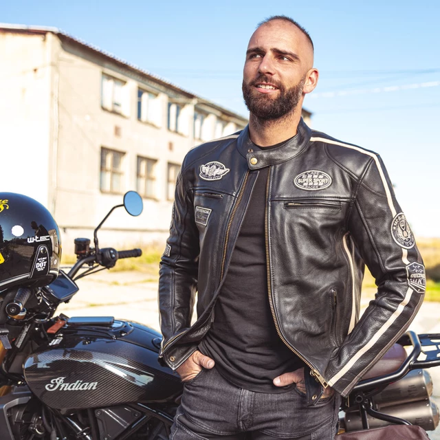 W-TEC Makso Herren Lederjacke - schwarz mit Patches