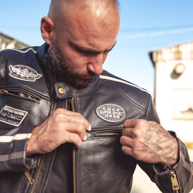 W-TEC Makso Herren Lederjacke - schwarz mit Patches