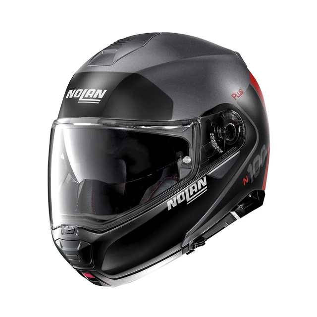 Nolan N100-5 Plus Distinctive N-Com Motorradhelm - Glänzendes Schwarz-Rot - Flat Lava Grey